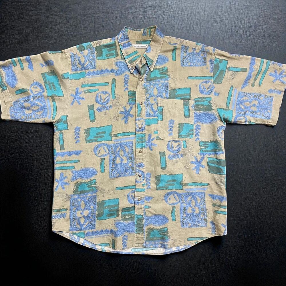 Bugle Boy Company Vintage Abstract Tan Teal Button Down Shirt Men's Size XL